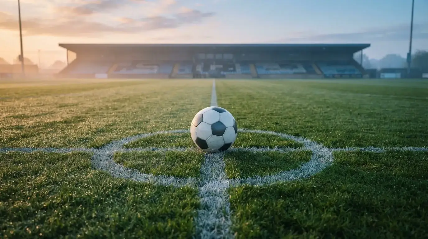 Ein einzelner Fussball liegt auf dem Anstosspunkt eines leeren Rasenplatzes am frühen Morgen, Tau glitzert auf dem Gras, die Tribüne liegt im Dunst.