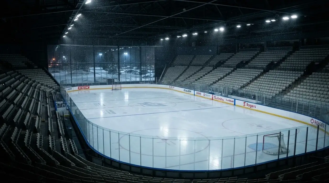 Eine Eishalle von Weitem unter Flutlicht, die leere Eisfläche glänzt, auf den Rängen sitzt niemand, draussen liegt Schnee.