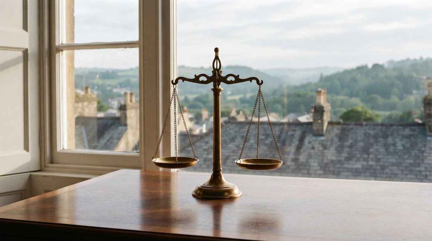 Eine Waage aus Messing steht auf einem polierten Schreibtisch vor einem Fenster mit Blick auf Dächer und sanfte Hügel.