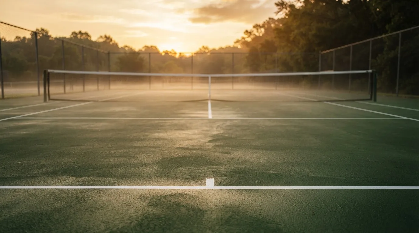 Ein Tennisplatz bei Sonnenaufgang, die Linien frisch gezogen, das Netz in der Mitte und Nebel über dem Boden.