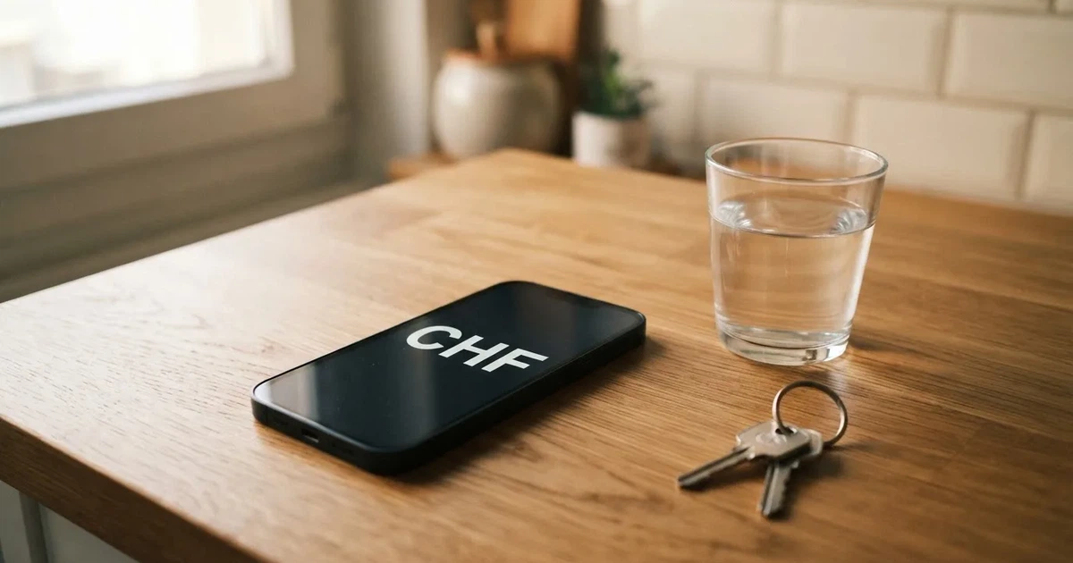 Ein Smartphone mit schwarzem Display liegt auf einem Holztisch neben einem Glas Wasser und einem Schlüsselbund.