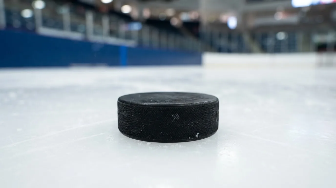 Ein Eishockeypuck liegt auf dem Eis, im Hintergrund unscharf die Bande unter hellem Hallenlicht.