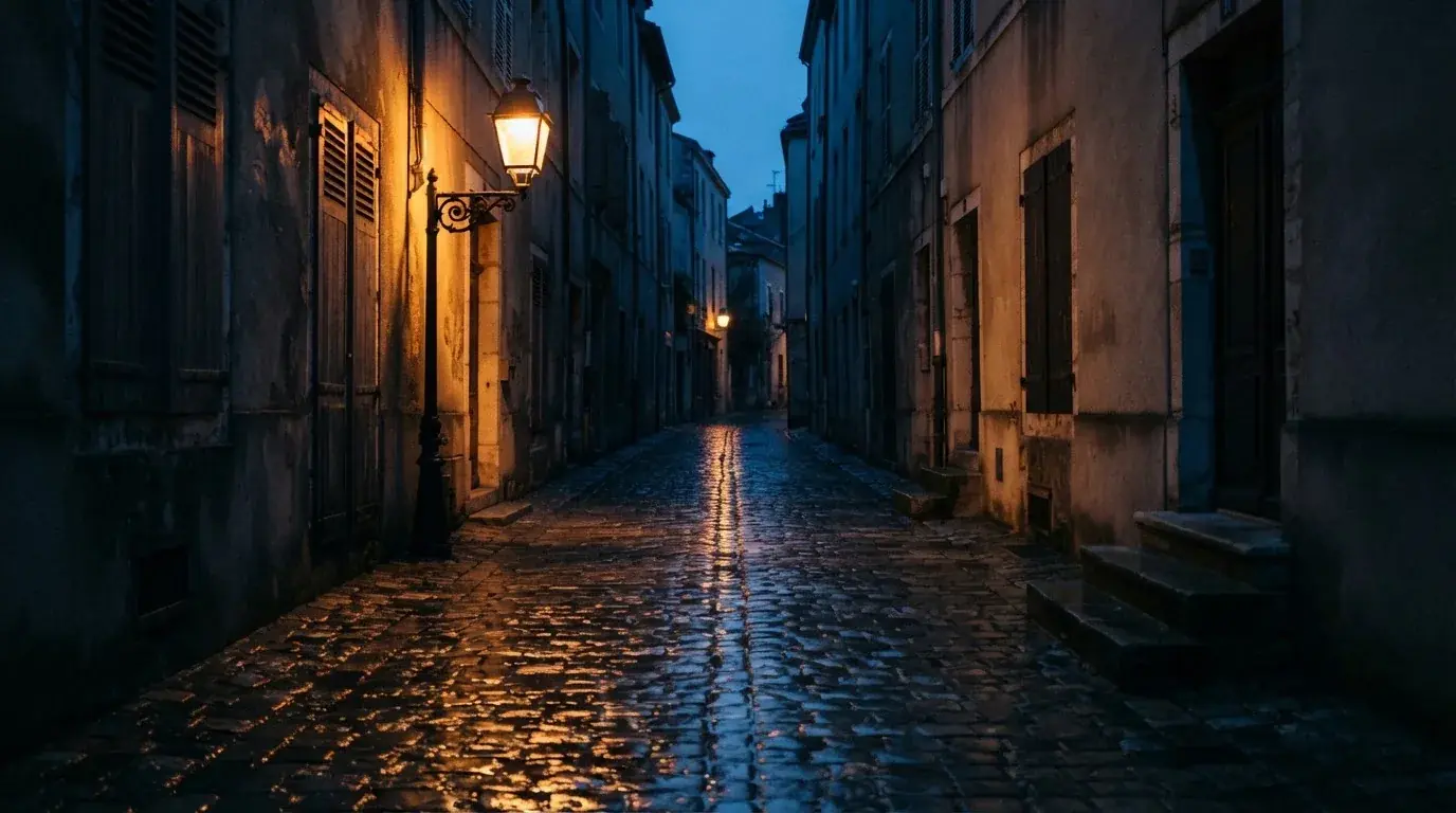 Eine Strassenlaterne in einer leeren Gasse am Abend, das nasse Kopfsteinpflaster spiegelt das warme Licht.