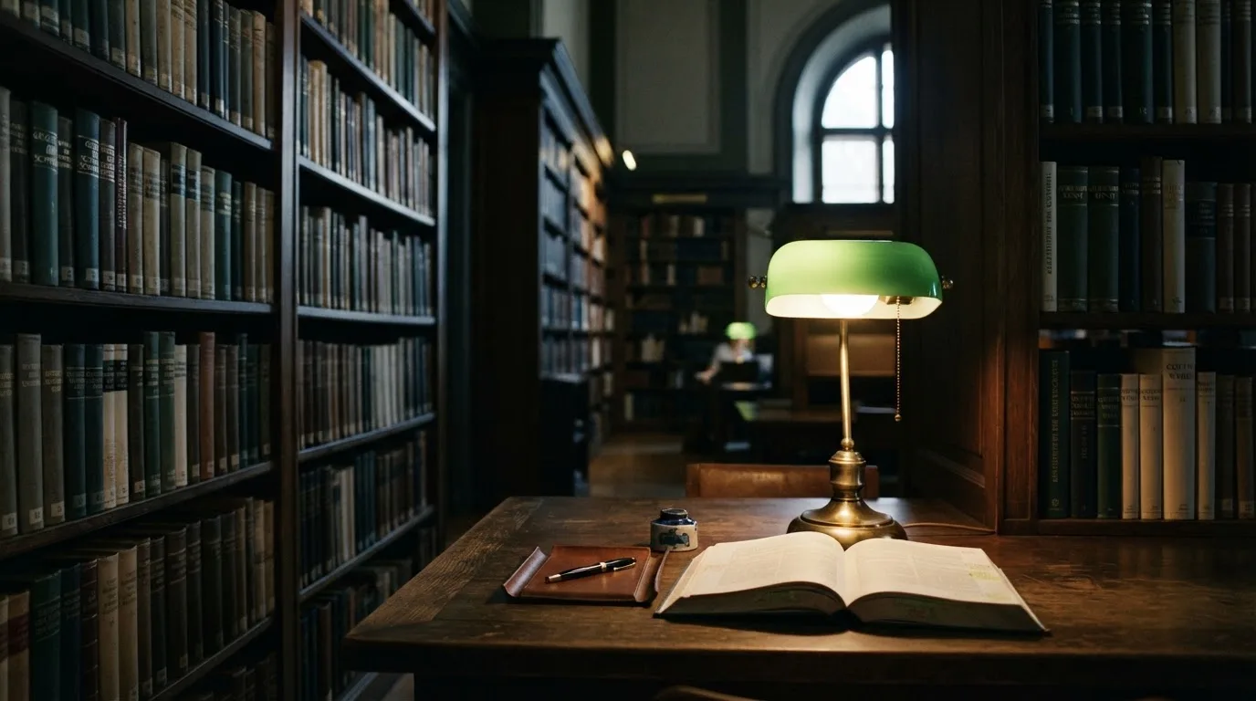 Eine Bibliothek mit hohen Holzregalen voller Bücher, im Vordergrund ein Lesetisch mit grüner Lampe.