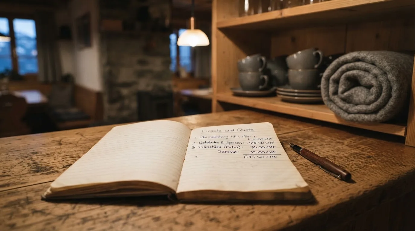 Ein alter Holztresen mit einem Notizbuch und einem Taschenrechner in warmem Lampenlicht, Regale im Hintergrund.