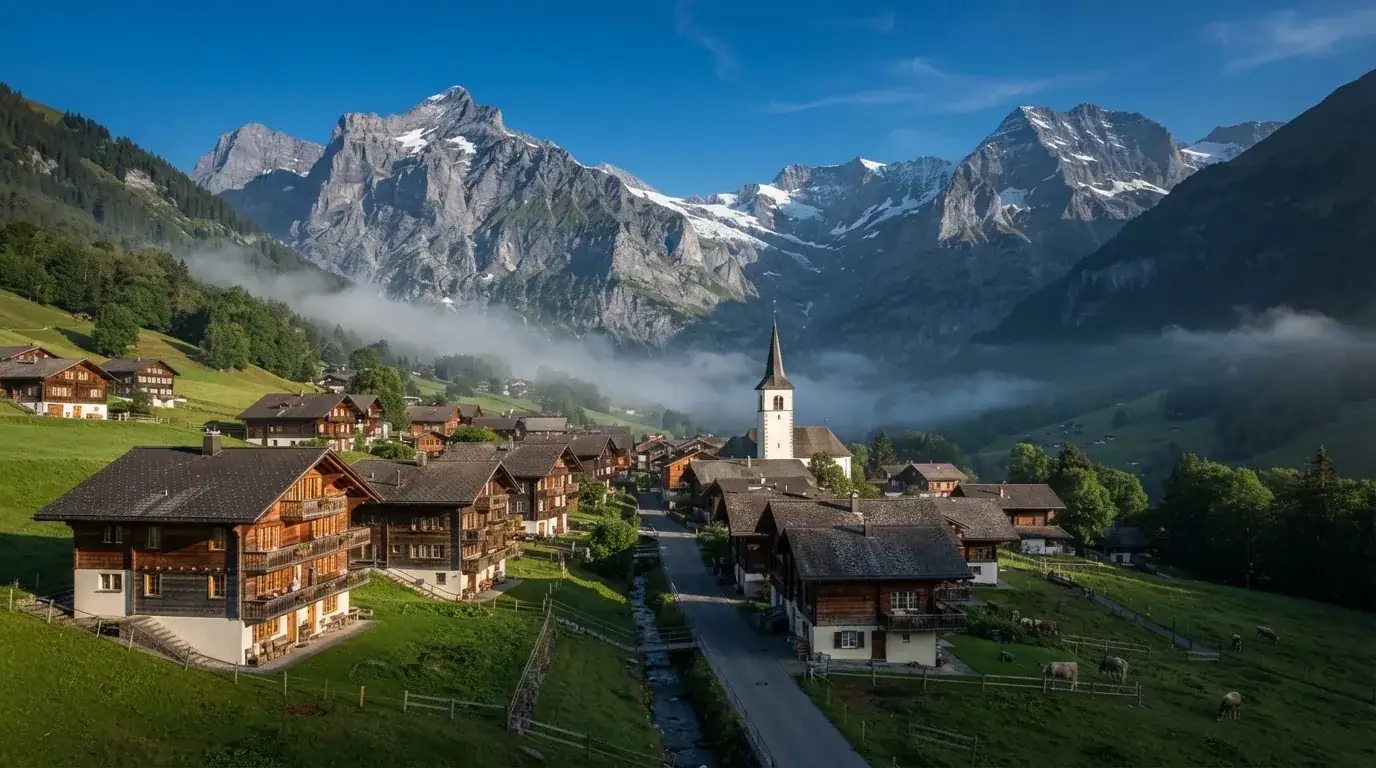 Ein Bergdorf mit Holzhäusern im Tal an einem klaren Morgen, über den Dächern liegen Nebelschwaden und in der Ferne Gipfel.