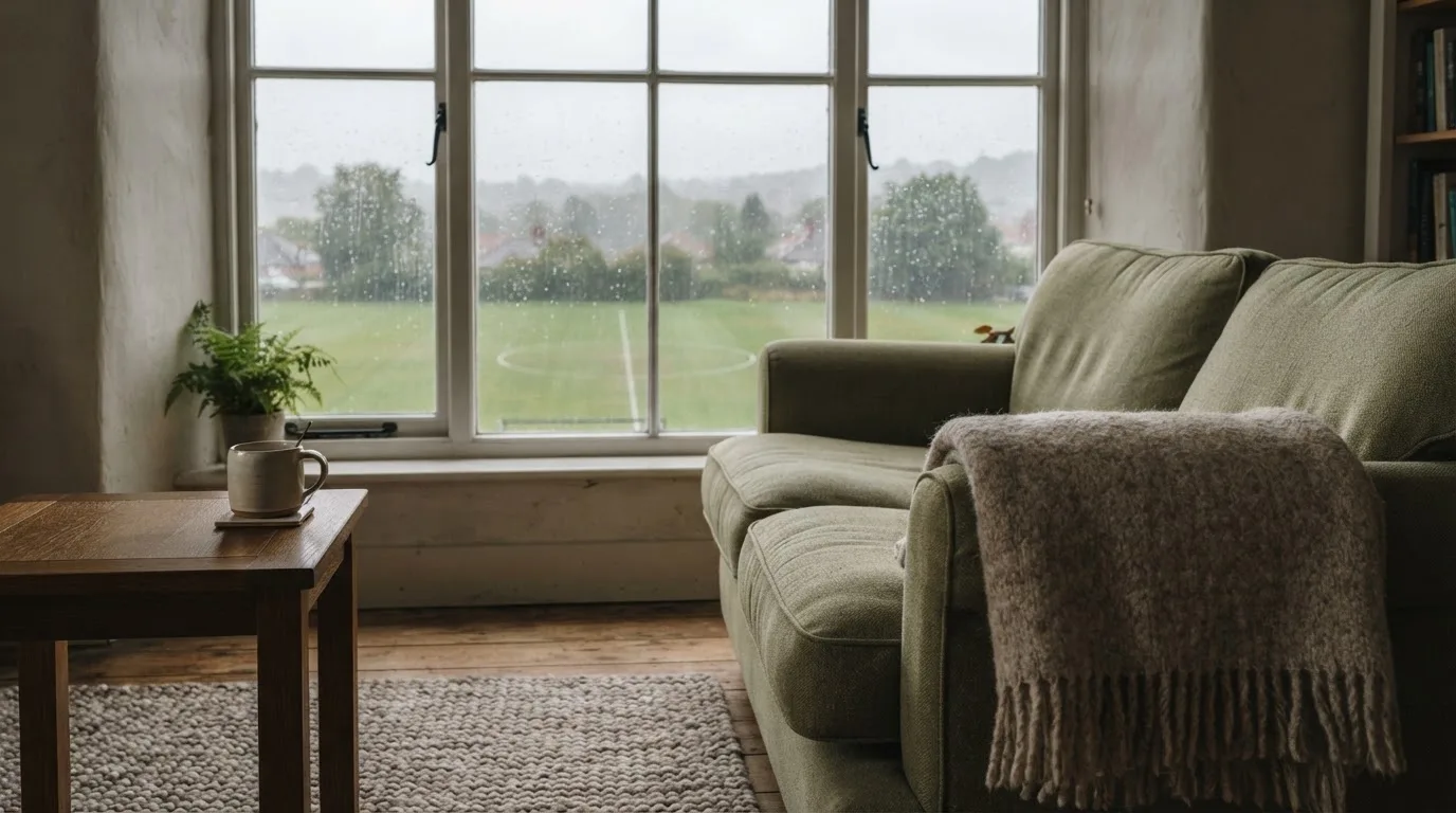 Ein Sofa mit Wolldecke steht vor einem grossen Fenster, draussen Regen und in der Ferne ein Fussballplatz.