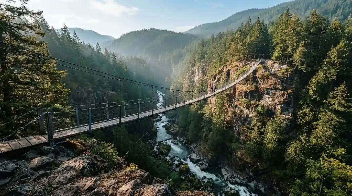 Eine Hängebrücke spannt sich über eine tiefe Schlucht, unten rauscht ein Fluss zwischen bewaldeten Felswänden.