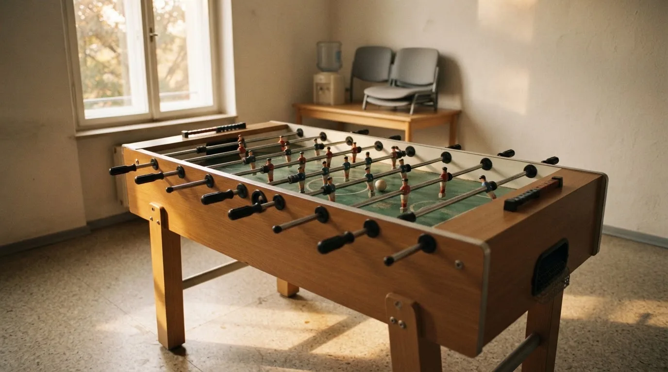 Ein Tischfussballtisch steht in einem leeren Aufenthaltsraum, Nachmittagslicht fällt durch ein Fenster.