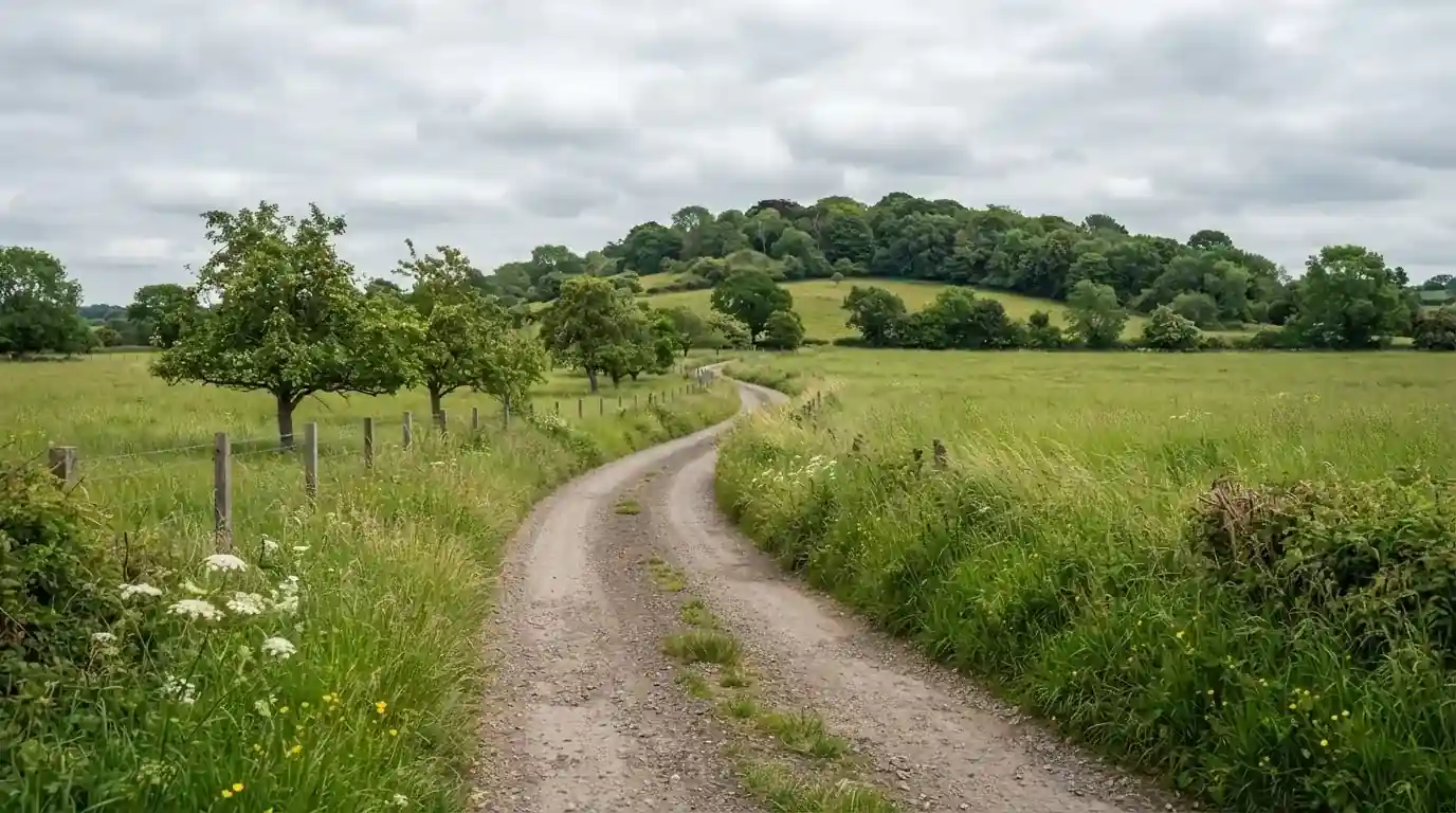 Ein Feldweg führt zwischen Wiesen zu einem Hügel, der Himmel ist bewölkt, am Wegrand stehen Obstbäume.