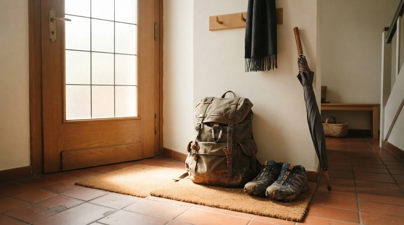Ein Rucksack und Turnschuhe stehen an einer Haustür, daneben ein Regenschirm, durch das Glas fällt Morgenlicht.