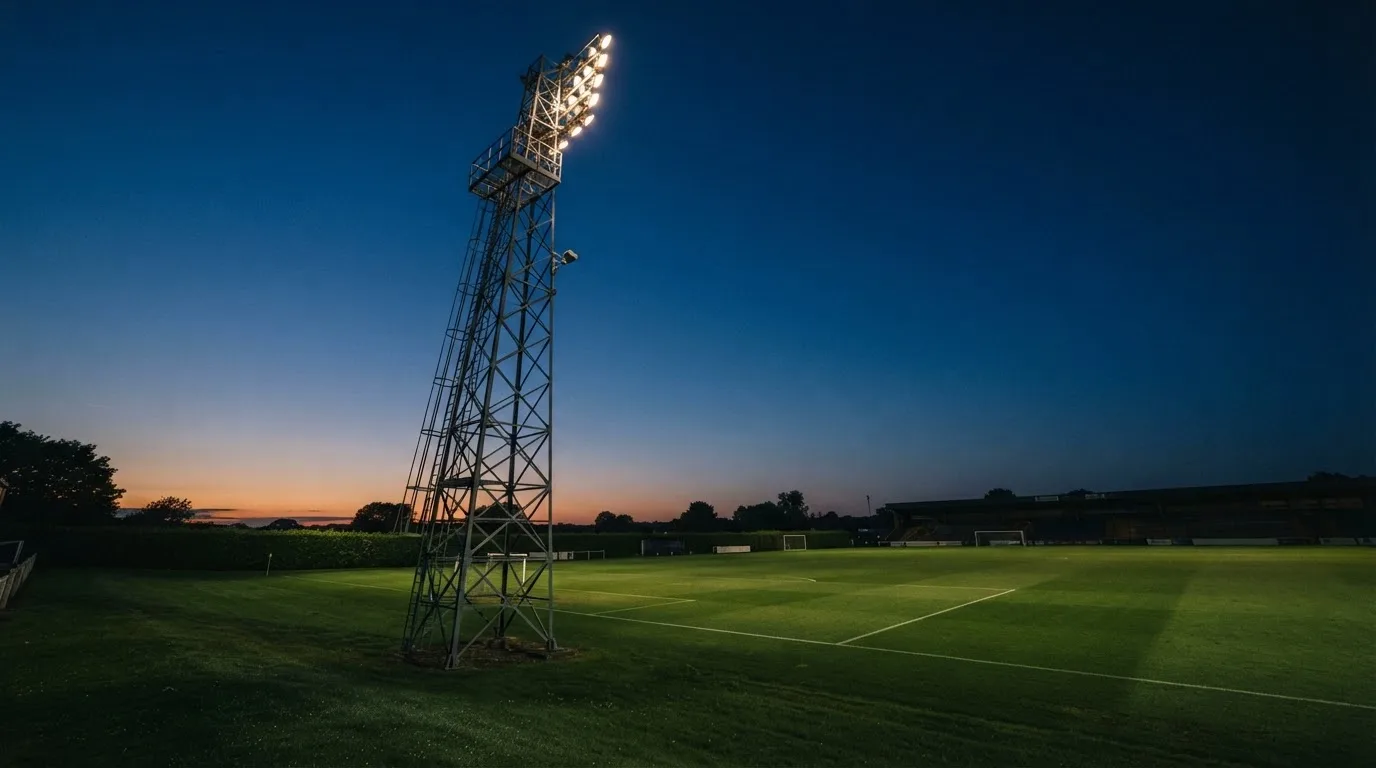 Ein Flutlichtmast ragt in den Abendhimmel, die Rasenfläche darunter liegt leer und dunkelgrün da.