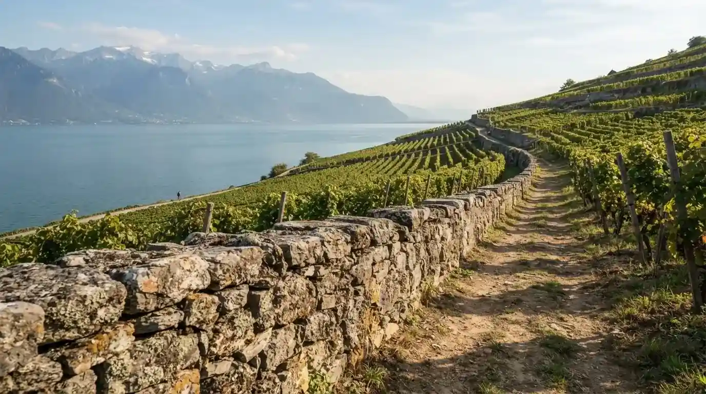 Eine Mauer aus Natursteinen am Wegrand, dahinter Weinberge, die zu einem See hinabführen.