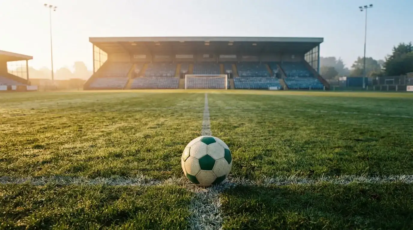 Ein Fussball liegt auf dem Anstosspunkt eines leeren Rasenplatzes im frühen Morgenlicht, dahinter erhebt sich eine menschenleere Tribüne.