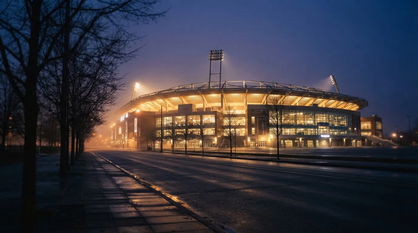Ein grosses Eisstadion aus der Ferne gesehen, hell erleuchtet von Flutlicht in der Abenddämmerung, davor eine leere Strasse.