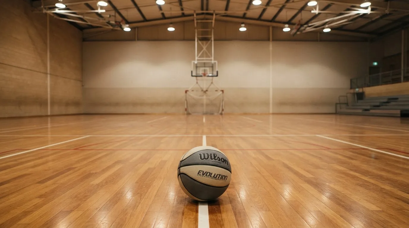 Ein Basketball liegt auf dem Parkett einer leeren Halle, von den Deckenlampen fällt gleichmässiges Licht auf den Boden.