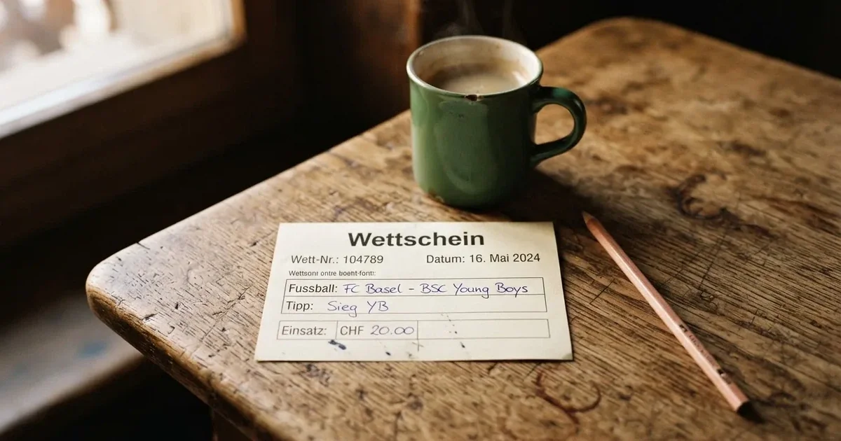 Ein leerer Wettschein aus Papier liegt auf einem Holztisch neben einem Bleistift und einem Kaffeebecher.