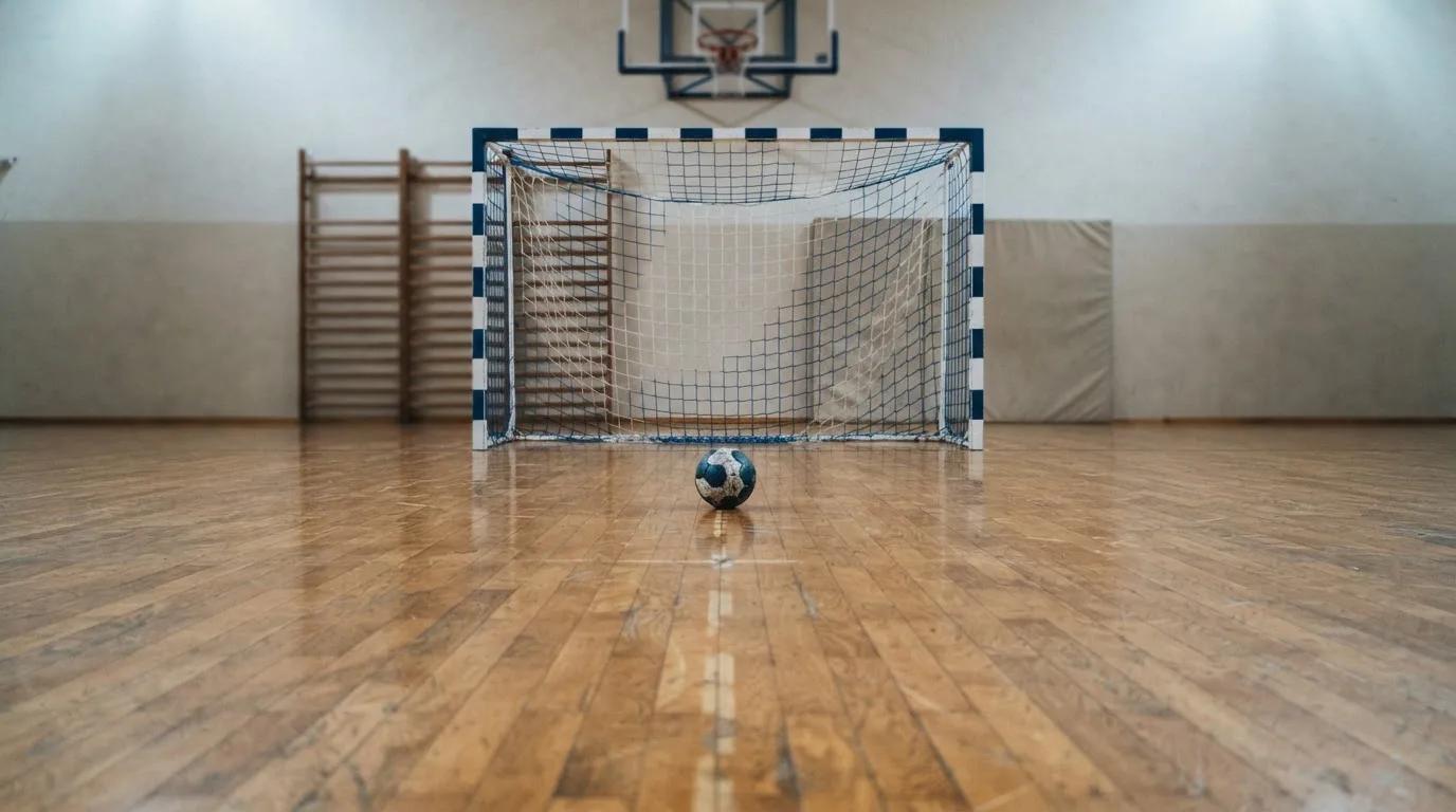 Ein Handballtor in einer leeren Sporthalle, der Ball liegt im Torraum und das Hallenlicht spiegelt sich im Parkett.