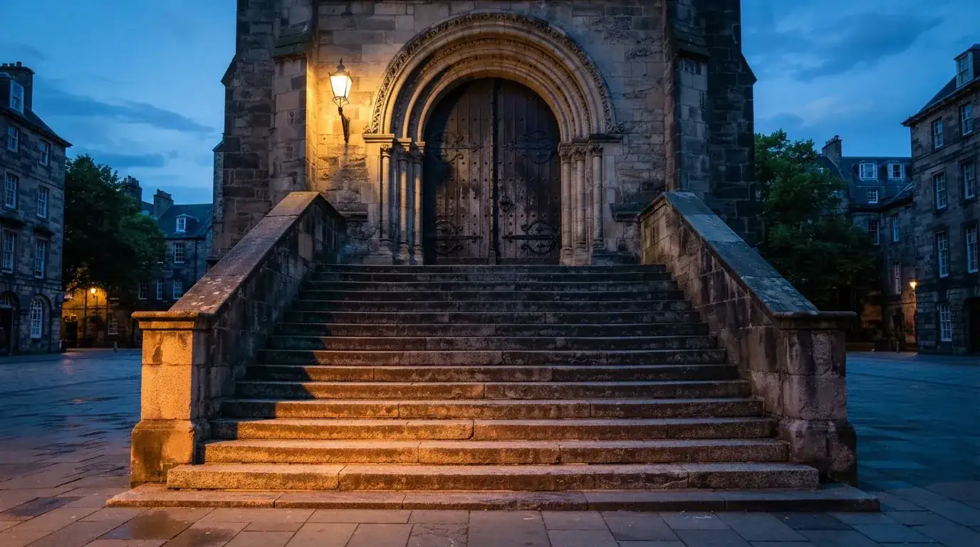 Eine breite Steintreppe führt zu einem hohen Portal aus dunklem Holz, das Licht der Dämmerung liegt auf den Stufen.