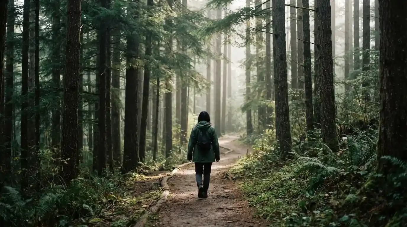 Eine Person von hinten auf einem Waldweg, die langsam zwischen hohen Tannen geht.