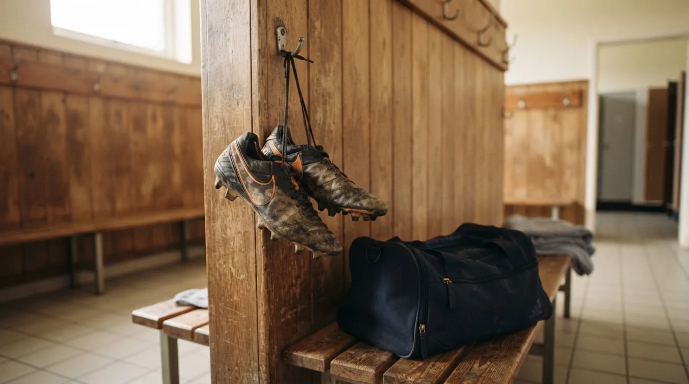 Ein Paar Fussballschuhe hängt an einem Haken in einer ruhigen Umkleide, darunter steht eine Sporttasche auf einer Holzbank.