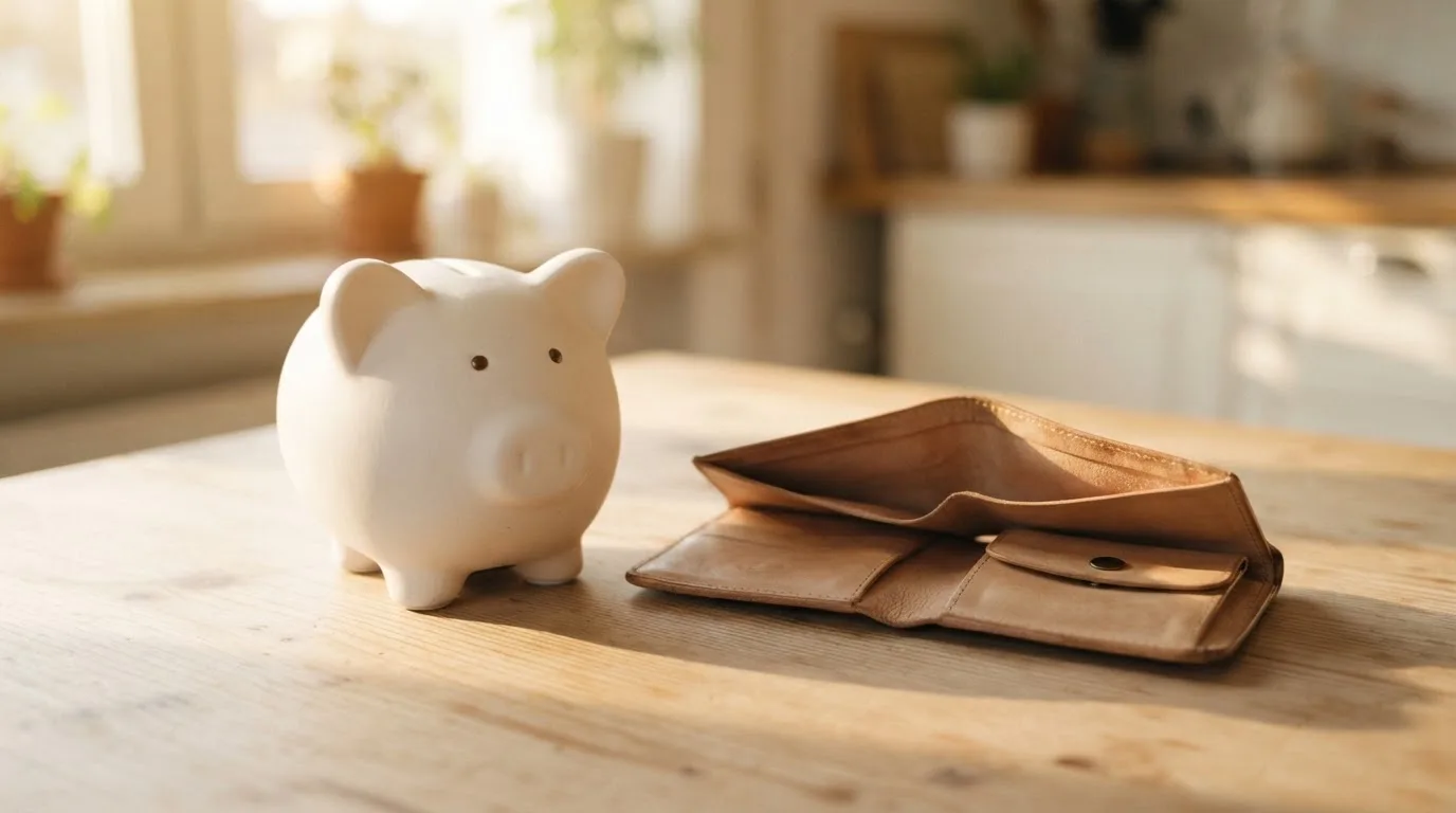 Ein Sparschwein aus Keramik steht auf einem Küchentisch neben einer leeren Geldbörse im Licht des Morgens.