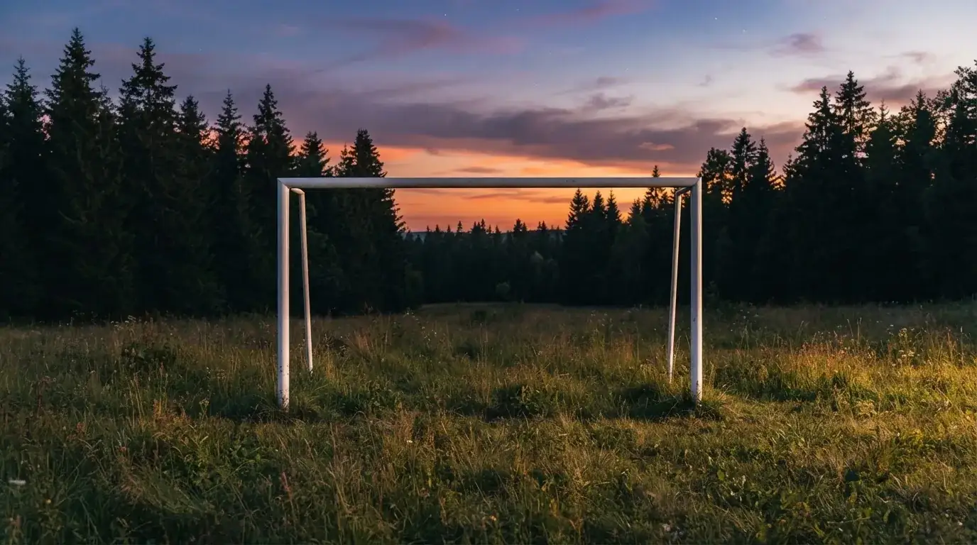 Ein Fussballtor ohne Netz steht auf einer Wiese am Waldrand, die Abenddämmerung färbt den Himmel orange.