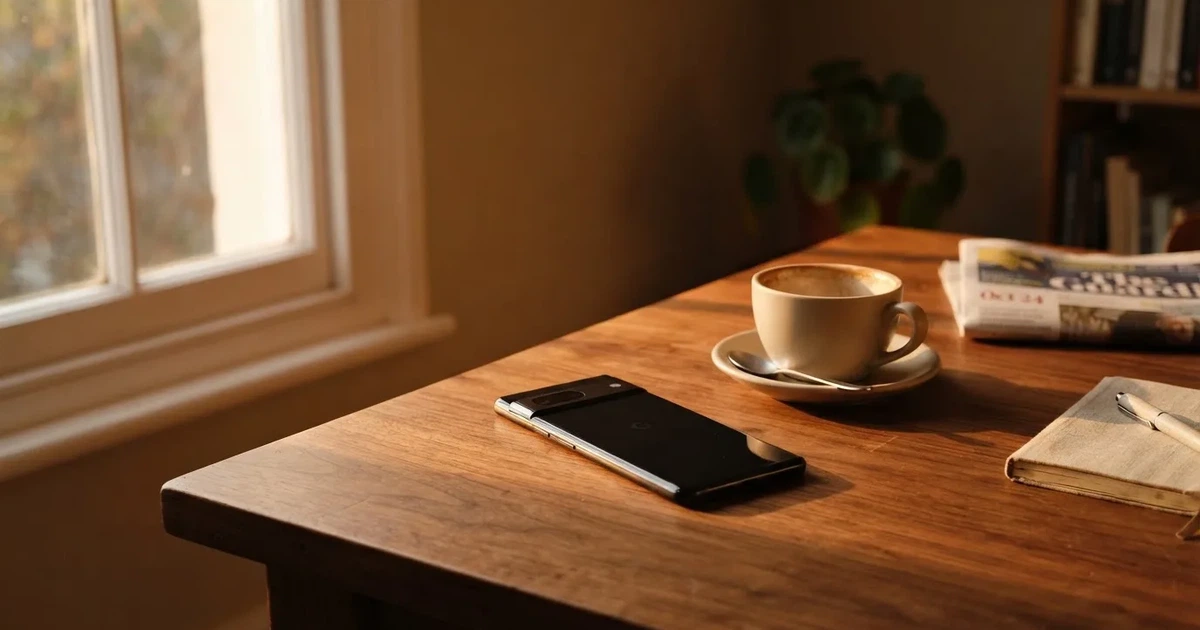 Ein Smartphone mit dunklem Display liegt auf einem Holztisch neben einer Kaffeetasse, durch das Fenster fällt warmes Abendlicht.