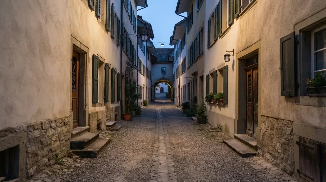 Ein schmaler Kiesweg führt zwischen zwei hellen Mauern durch eine Schweizer Altstadt, die Laternen sind noch nicht angezündet.