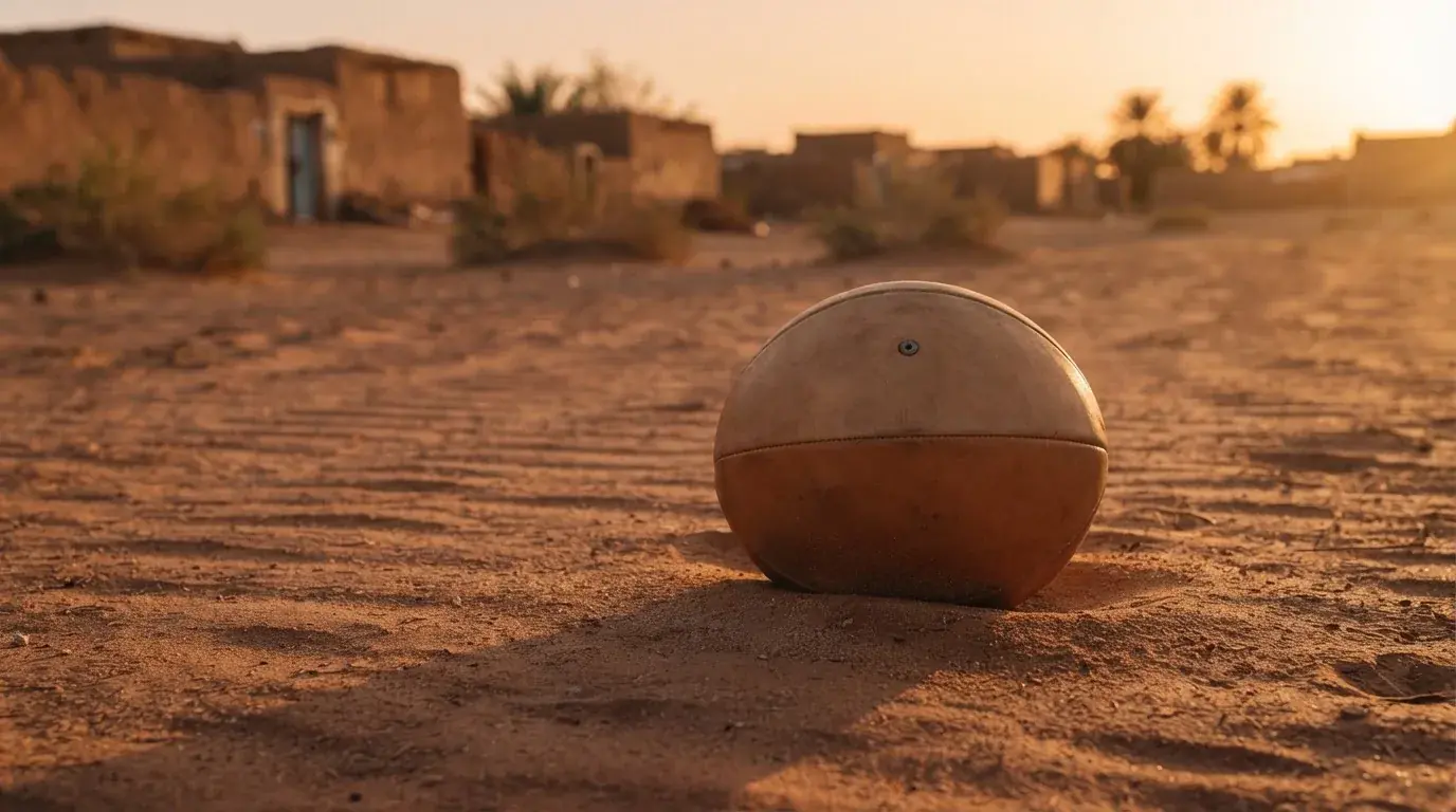 Ein Fussball liegt auf rotbraunem Sand am Rand eines Dorfes, die Abendsonne wirft lange Schatten.