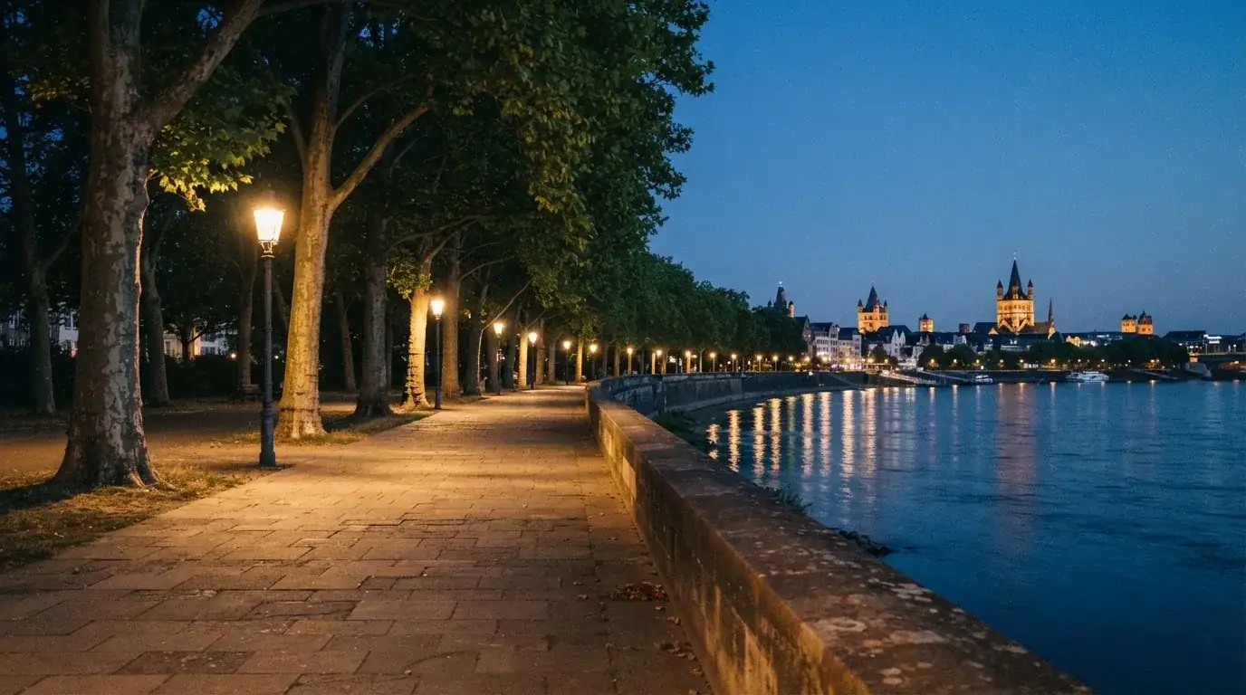 Eine Rheinpromenade mit hohen Bäumen am Abend, das Wasser spiegelt das Licht der ersten Laternen.