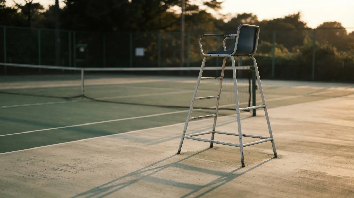Eine hohe Schiedsrichterleiter aus Metall steht unbesetzt neben einem Hartplatz, die Abendsonne wirft lange Schatten.