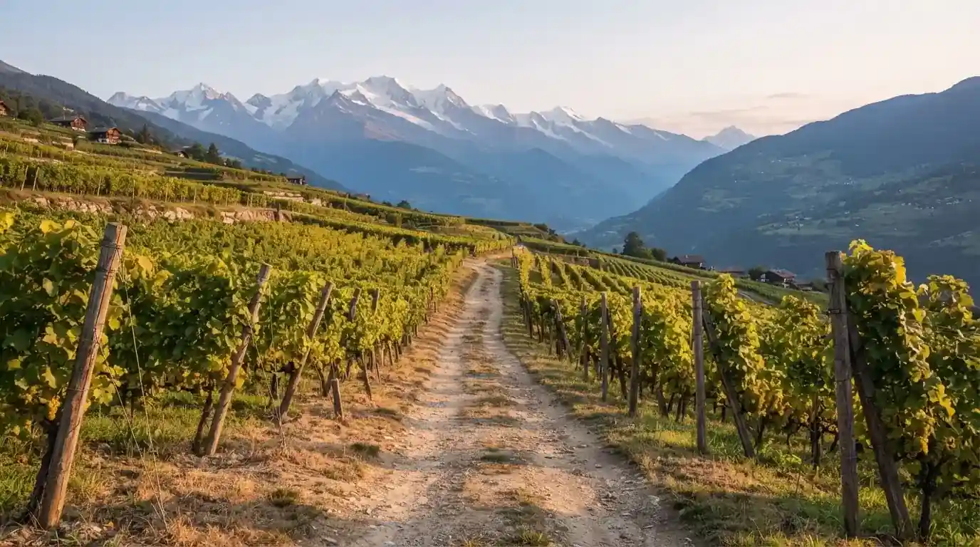 Ein Feldweg zwischen Weinreben im Wallis bei Sonnenaufgang, im Hintergrund hohe Berge und klare Luft.