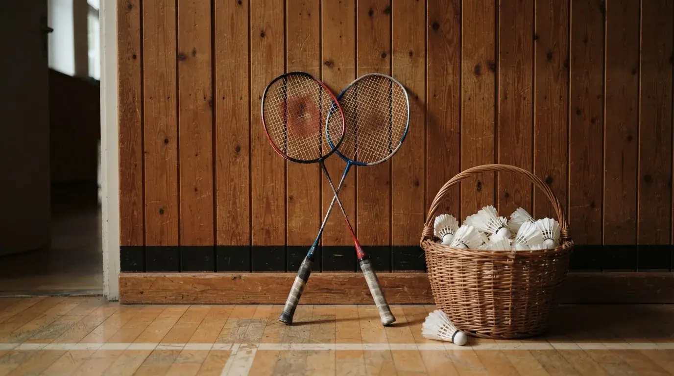 Zwei Badmintonschläger lehnen gekreuzt an einer Hallenwand aus Holz, daneben steht ein Korb mit Federbällen.