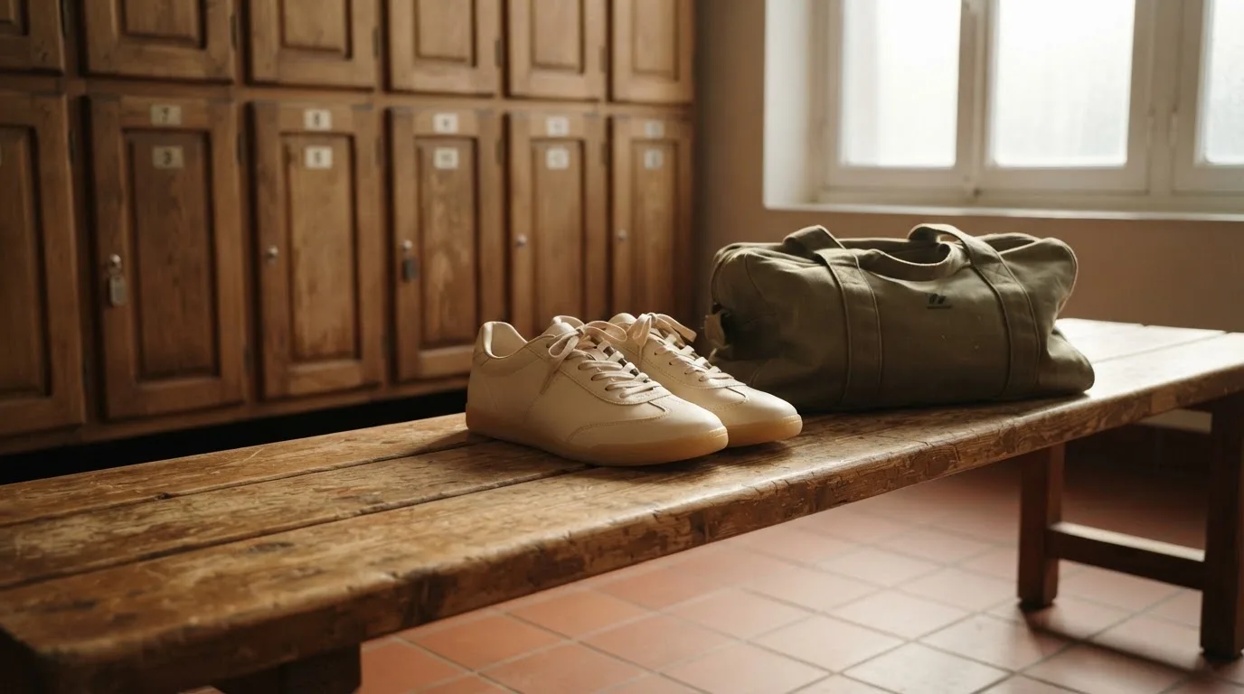 Ein Paar Hallenschuhe steht ordentlich neben einer Sporttasche auf einer Bank in einer leeren Garderobe, ein Fenster lässt Morgenlicht herein.
