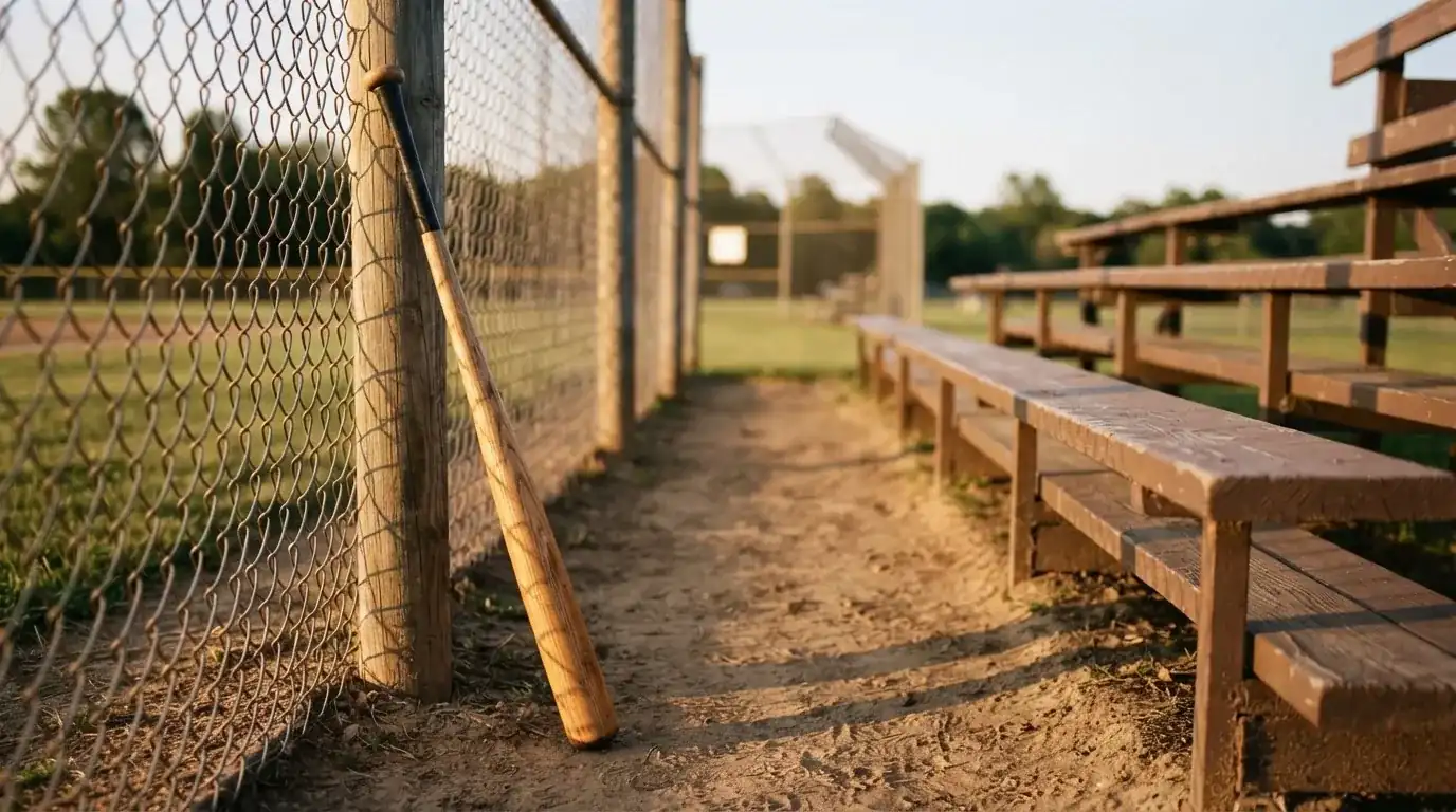 Ein Holzschläger lehnt an einem Drahtzaun neben einer Reihe leerer Zuschauerbänke im Licht des späten Nachmittags.