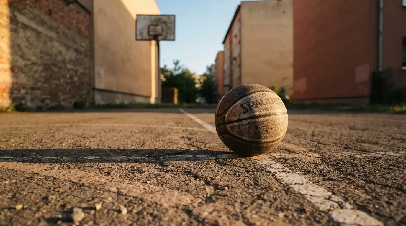 Ein Basketball liegt auf einem Asphaltplatz in einem Hinterhof zwischen Wohnblöcken, das Abendlicht färbt die Wände warm.