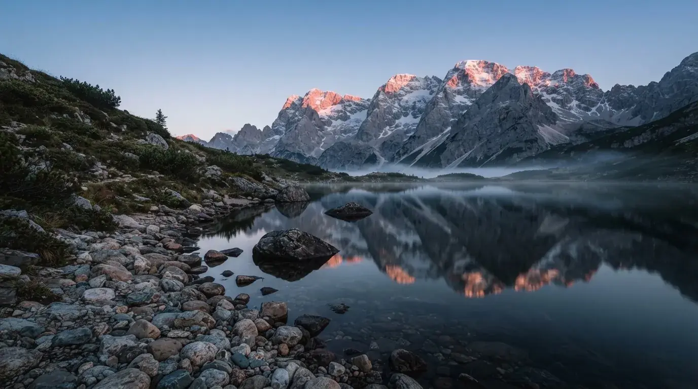Ein Bergsee mit ruhigem Wasser und Gipfeln im Morgenlicht, am Ufer liegen glatte Steine.