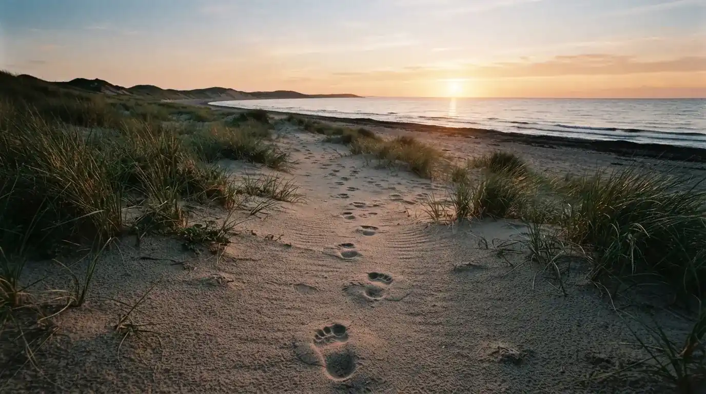Spuren im Sand führen durch Dünengras auf den Horizont zu, die Sonne steht tief und färbt den Himmel orange.