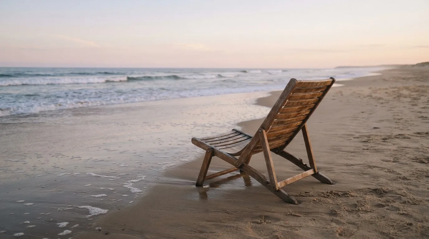 Ein leerer Liegestuhl aus Holz steht am Rand eines Sandstrands, Abendlicht und ruhige Wellen im Hintergrund.