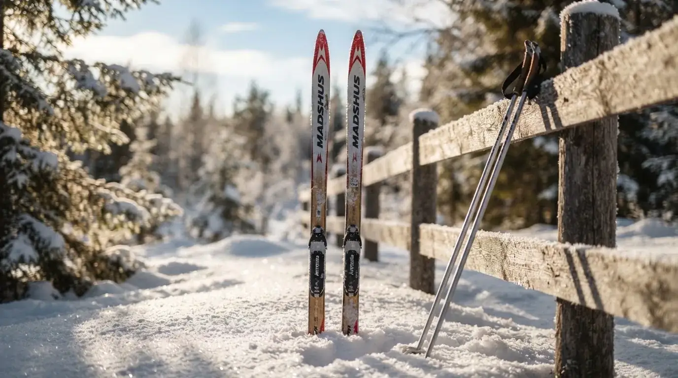 Ein Paar Langlaufskier steckt aufrecht im Schnee neben einem Holzzaun, die Sonne glitzert auf Eiskristallen.