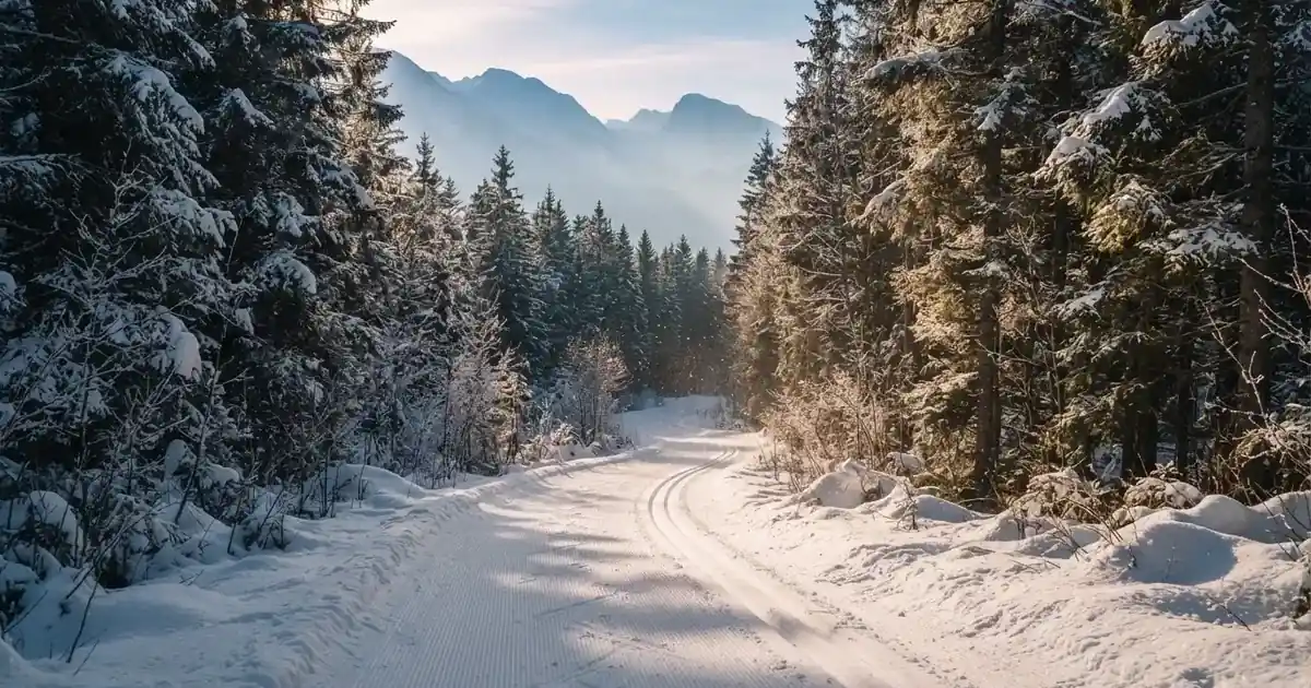 Eine verschneite Langlaufloipe führt durch Tannenwald im Morgenlicht, frische Spuren im Schnee, dahinter Berge im Dunst.