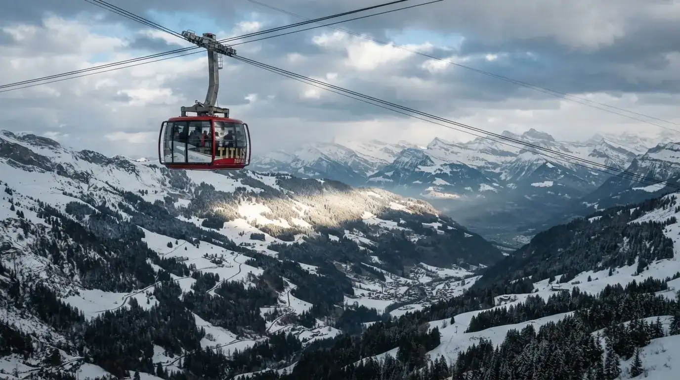 Eine Seilbahnkabine schwebt über einem verschneiten Tal, die Sonne bricht durch die Wolken und beleuchtet die Hänge.