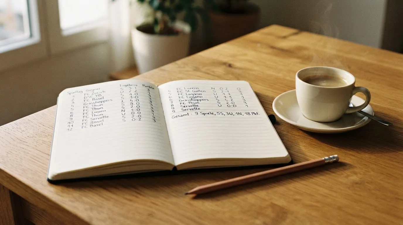 Ein aufgeschlagenes Notizbuch mit handgeschriebenen Spalten und ein Bleistift neben einer Tasse Kaffee auf einem Holztisch am Morgen