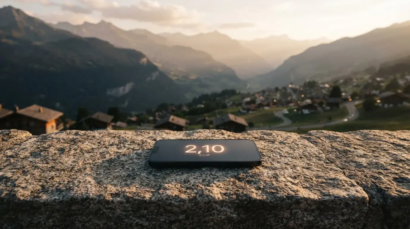 Ein Smartphone mit dunklem Display liegt auf einer Steinmauer, dahinter ein Alpental im Abendlicht