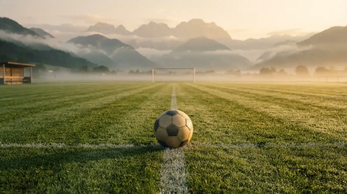 Ein einzelner Fussball auf dem Mittelpunkt eines leeren Rasens im Morgennebel, hinter dem Tor ragen Berge auf