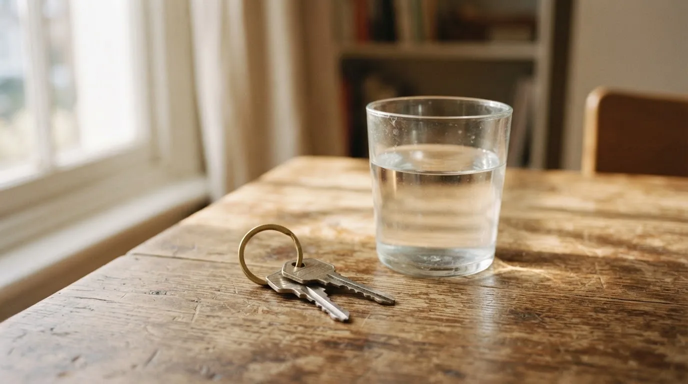 Ein Schlüsselbund und ein Glas Wasser stehen auf einem Holztisch im Licht eines Fensters