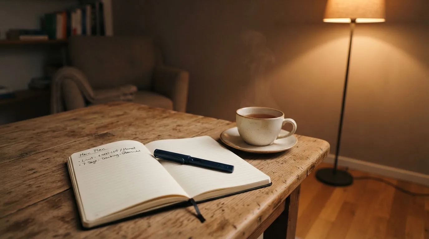 Ein Notizbuch mit handschriftlichen Einträgen und eine Tasse Tee stehen auf einem Tisch neben einer Stehlampe