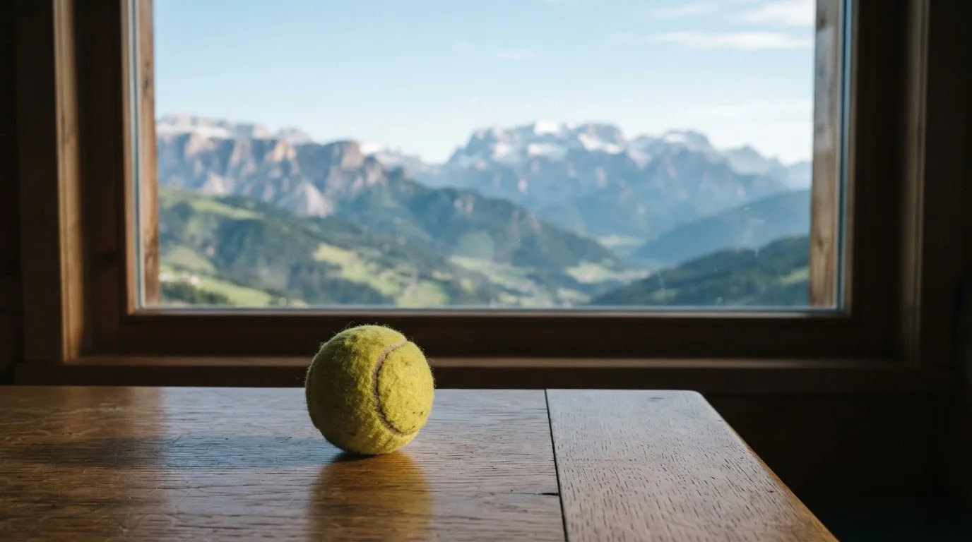 Ein einzelner gelber Tennisball liegt auf einem Holztisch vor einem Fenster mit Alpenblick