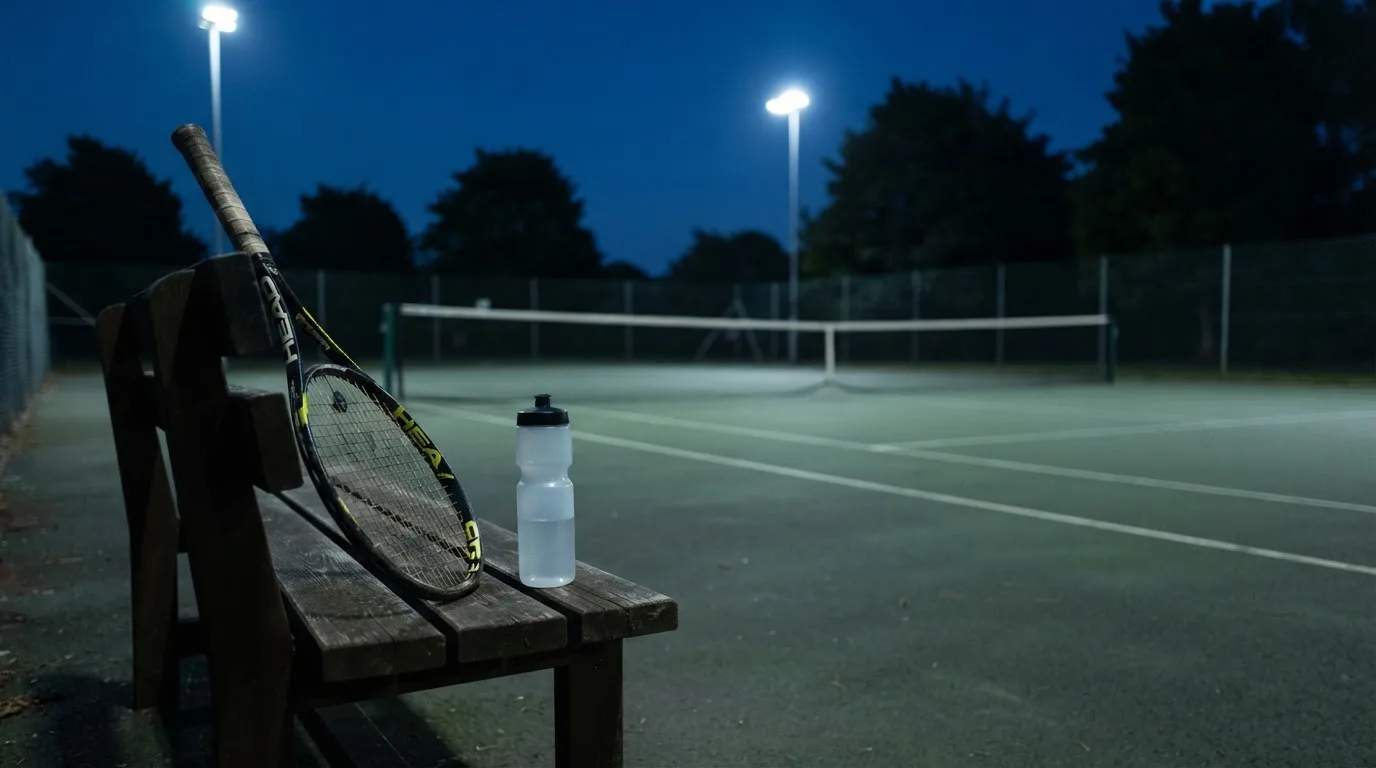 Ein Tennisschläger lehnt an einer Bank neben einer Wasserflasche, am Abend ruht der Platz im Flutlicht, aus der Ferne gesehen